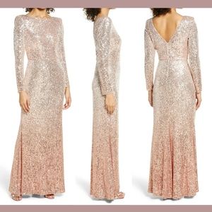 NEW $248 Eliza J [ 14 ] Long Sleeve Ombre Sequined Gown in‎ Rose & Silver